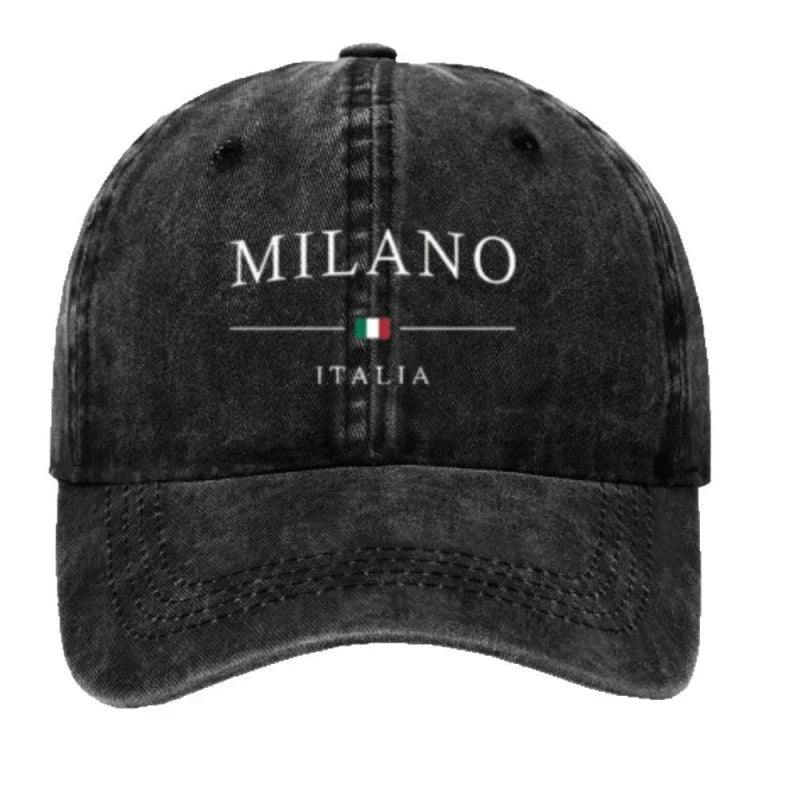 Black washed baseball cap with MILANO and ITALIA text, featuring Italian flag embroidery