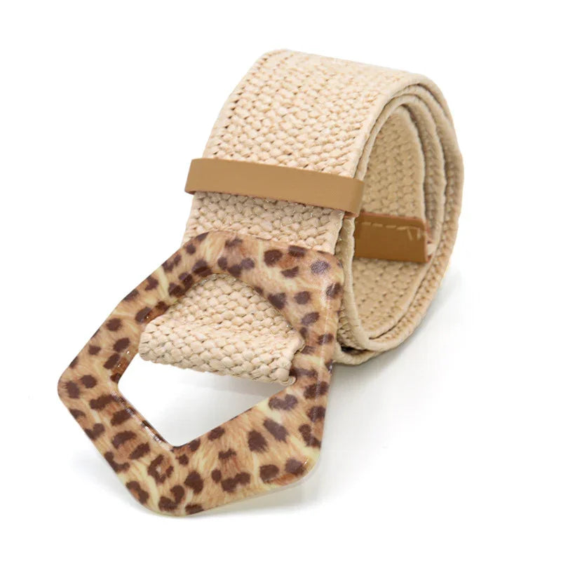 Beige woven fabric belt with a leopard print geometric buckle and tan leather loop