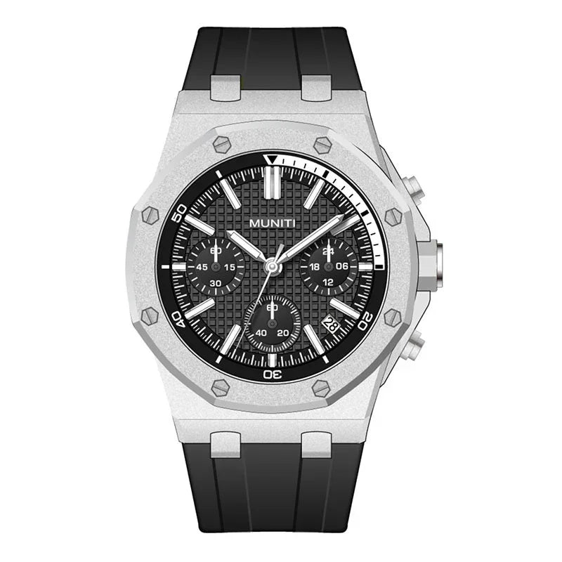 MUNIT black dial chronograph watch with silver octagonal bezel and black rubber strap