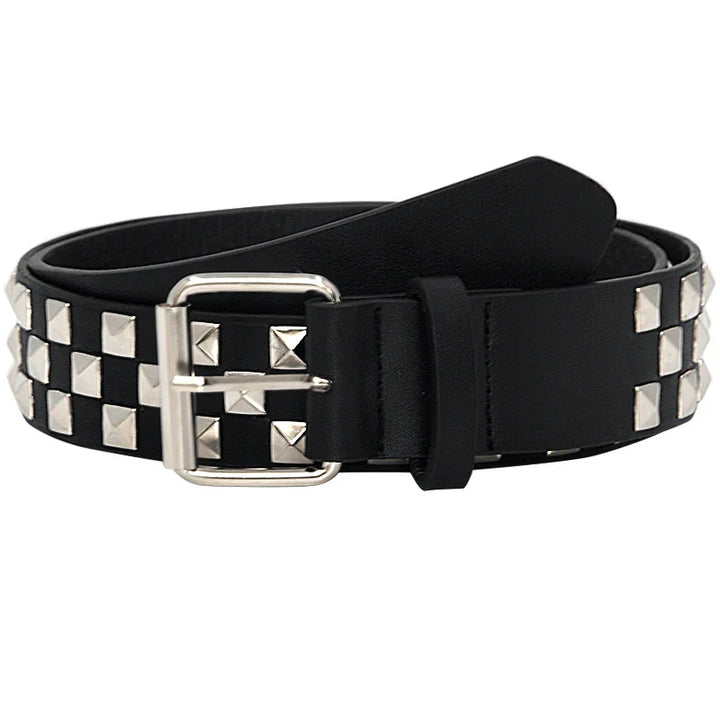 Black leather belt with silver square pyramid studs and a silver rectangular buckle