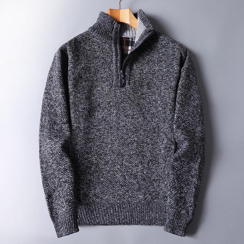 Heather gray textured knit pullover sweater with quarter zip and ribbed cuffs on wooden hanger