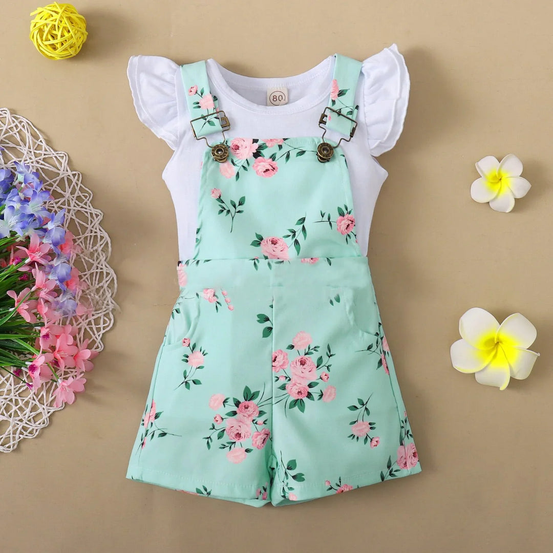 Baby girl's white flutter sleeve shirt with floral mint green pink rose print overalls