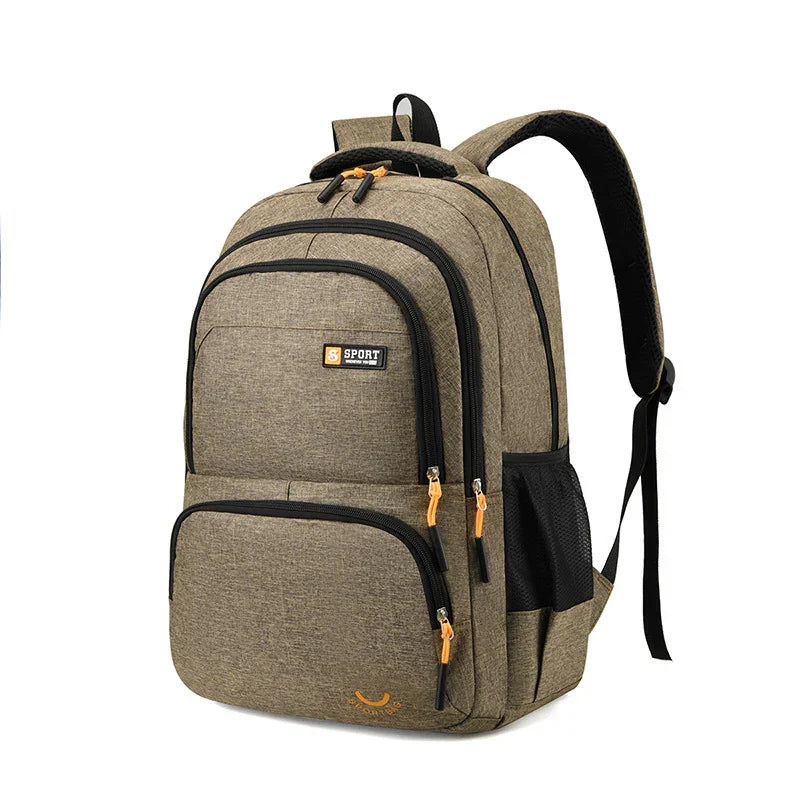 brown sport backpack with multiple zippered compartments and black mesh side pocket
