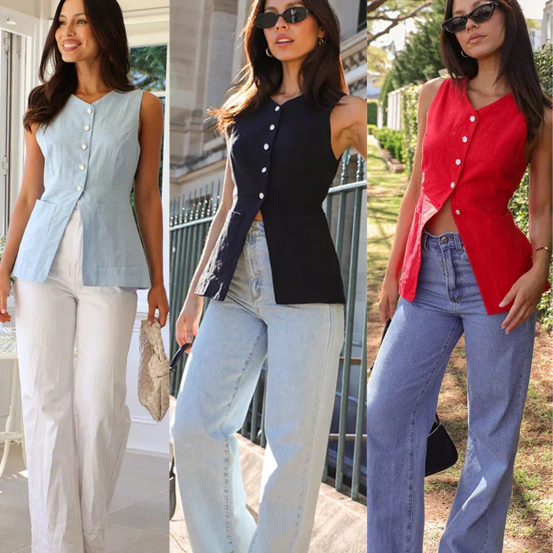 Women modeling sleeveless buttoned tops in blue, black, and red paired with jeans and casual pants