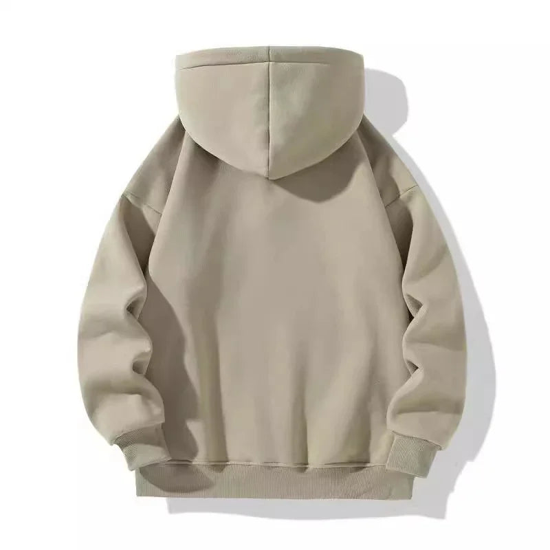 Beige oversized hoodie with ribbed cuffs and hem, back view on white background