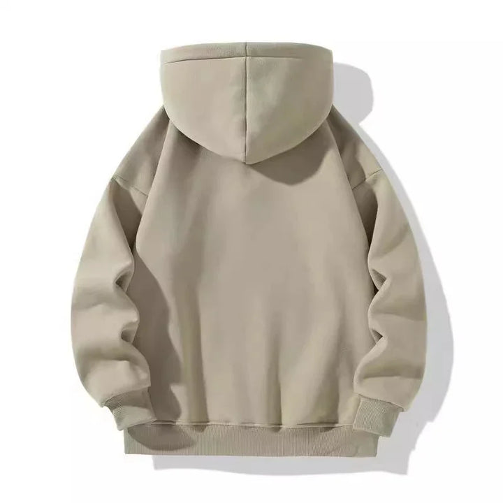 Beige oversized hoodie with ribbed cuffs and hem, back view on white background