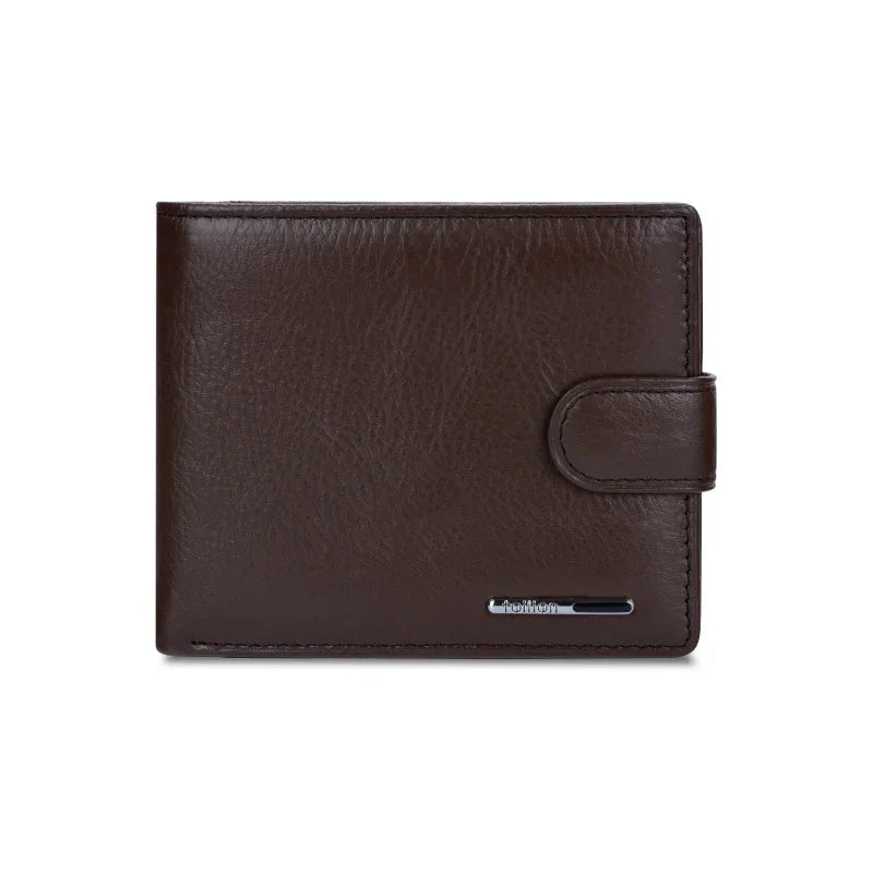 closed dark brown leather wallet with snap button closure and metallic logo plate