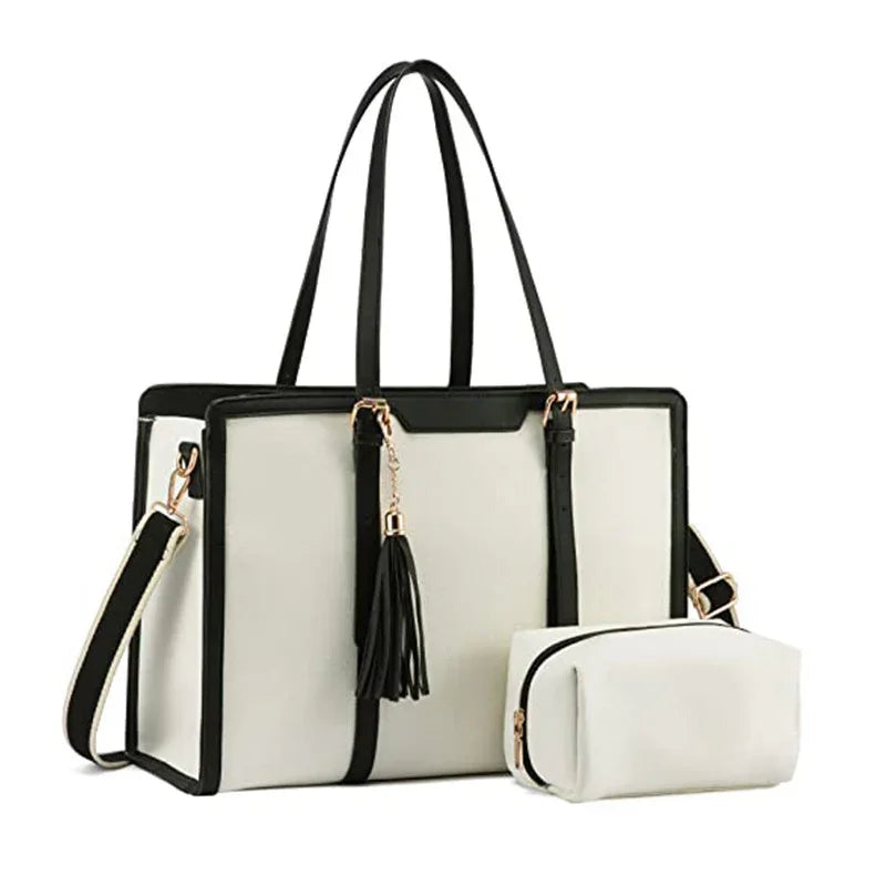 White and black tote handbag with matching small pouch and tassel detail