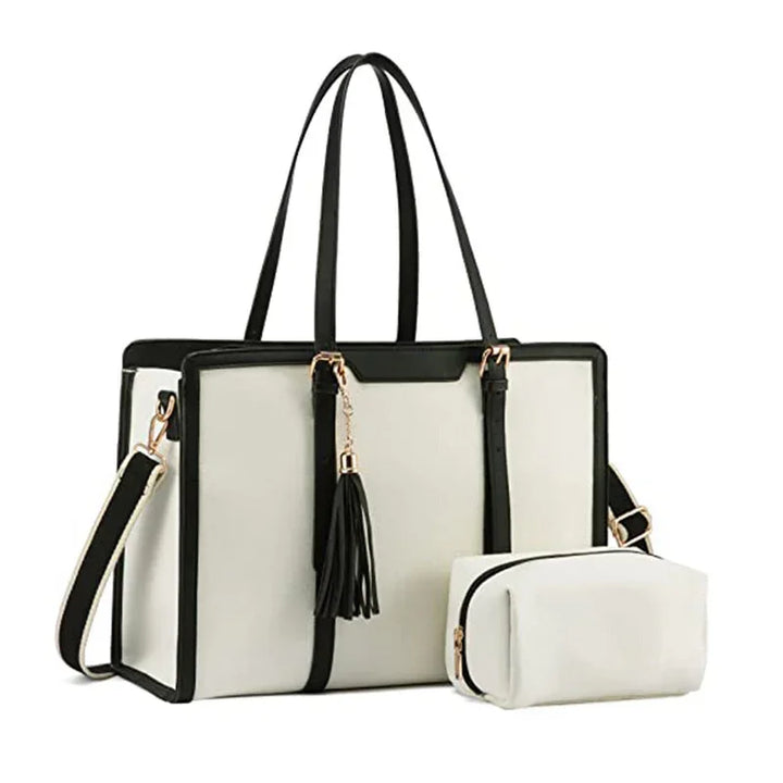 White and black tote handbag with matching small pouch and tassel detail