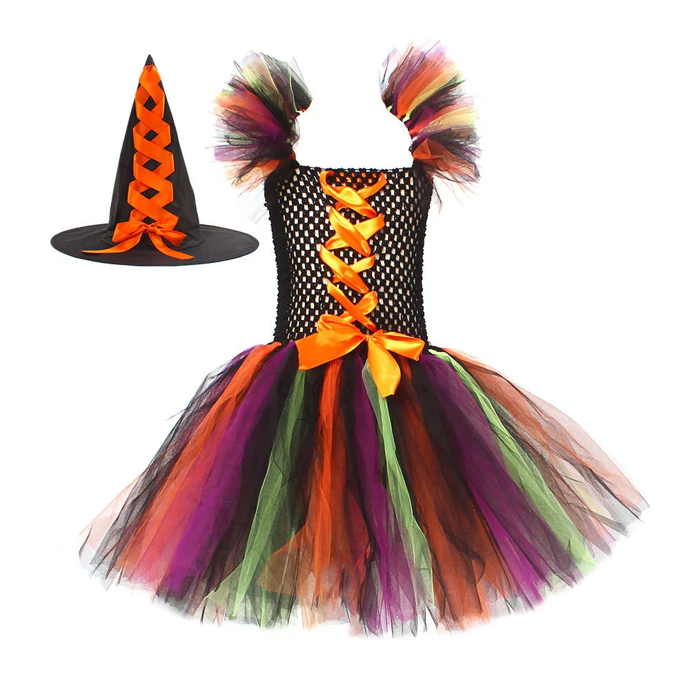 Halloween witch costume dress with multicolor tulle skirt and matching black witch hat with orange ribbon