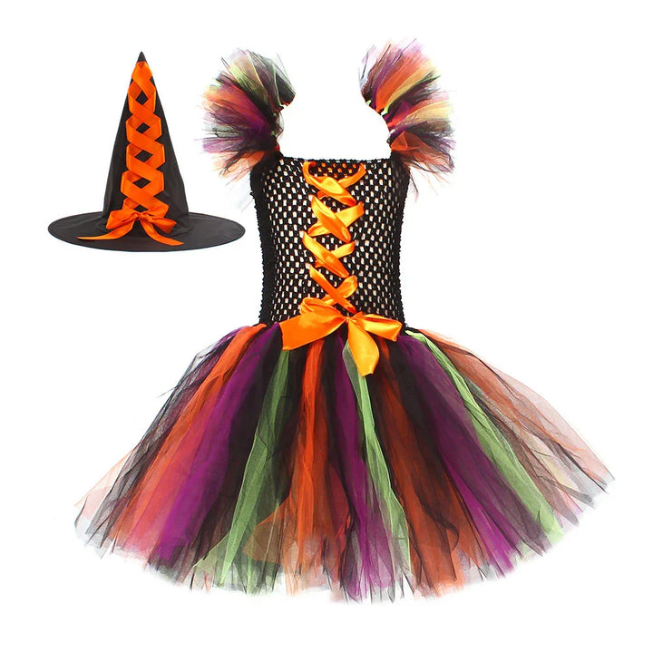 Halloween witch costume dress with multicolor tulle skirt and matching black witch hat with orange ribbon