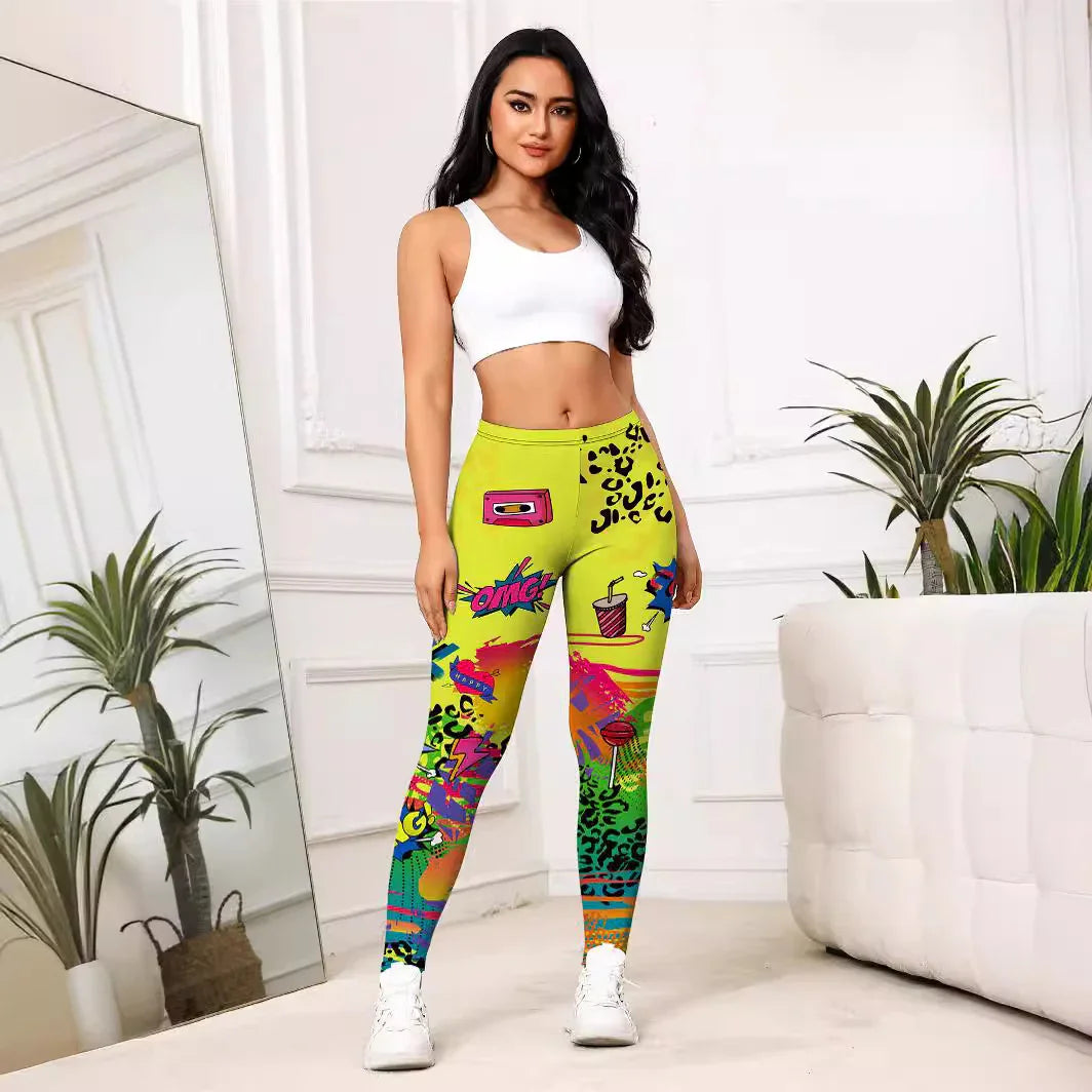 Woman wearing white crop top and colorful graphic print leggings in bright room with plants and mirror