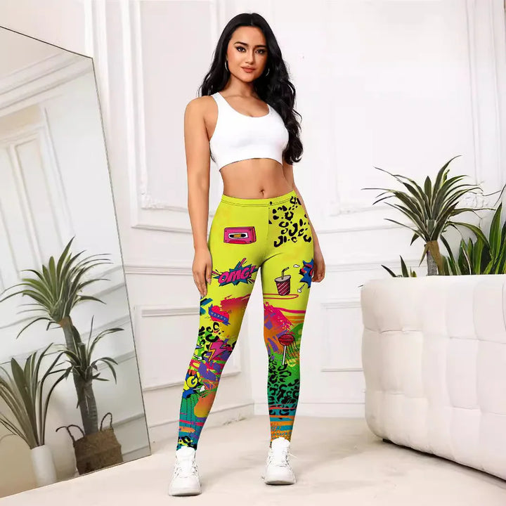 Woman wearing white crop top and colorful graphic print leggings in bright room with plants and mirror