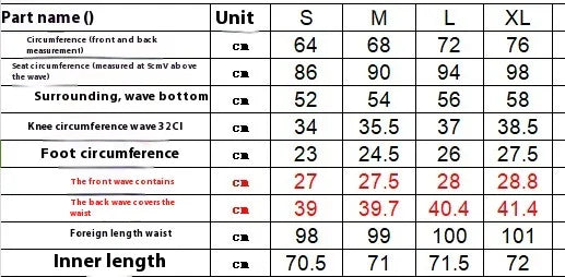 Size chart table for clothing with measurements for S, M, L, XL in cm for waist, seat, knee, foot circumference, and inner length