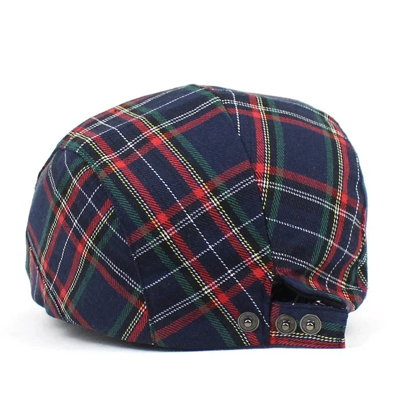 Navy blue plaid flat cap with red, green, and yellow stripes, adjustable back buckle