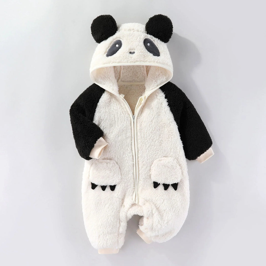 Soft panda-themed baby onesie with hood, black sleeves, ears, and paw pockets