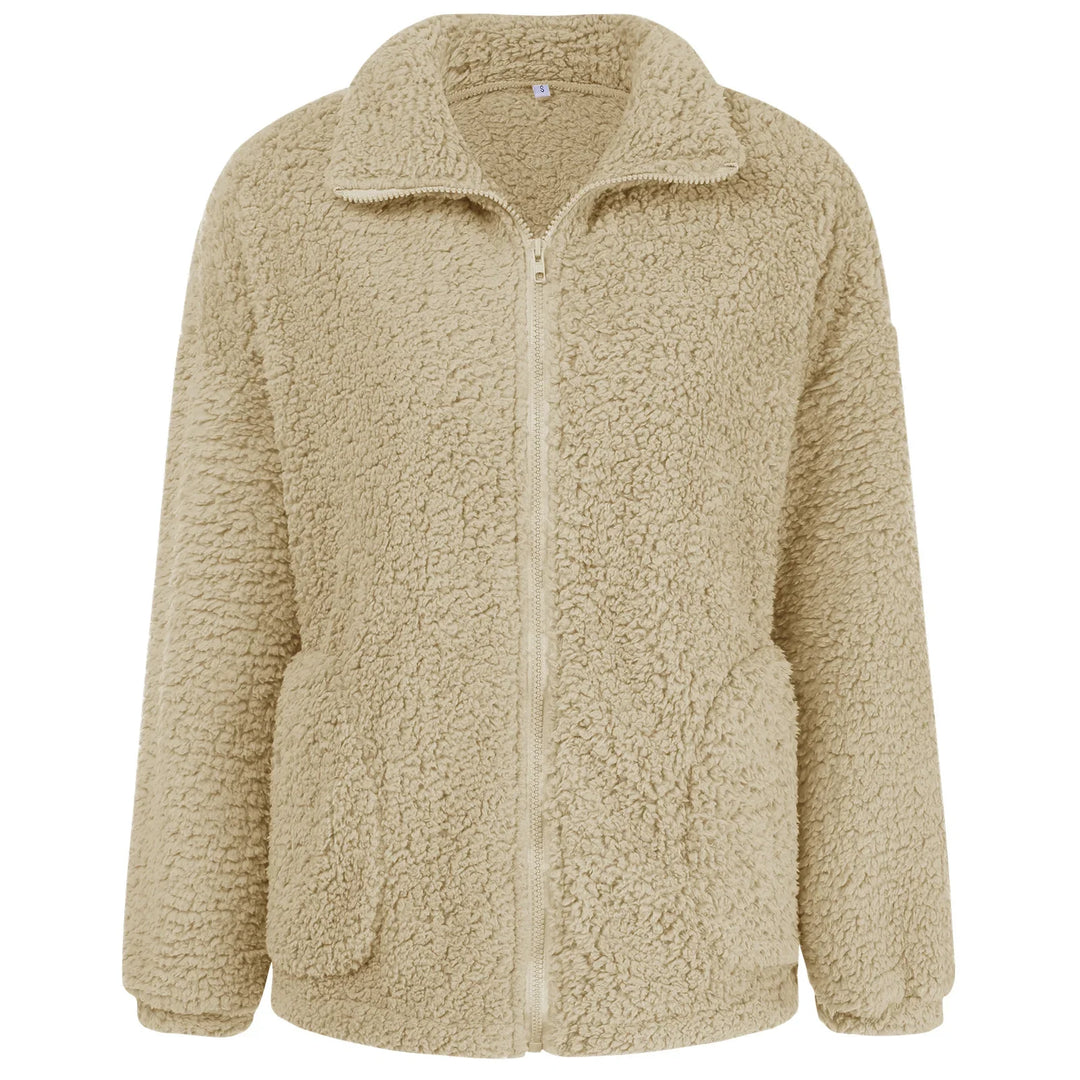 Beige zip-up fleece jacket with front pockets and high collar, cozy sherpa texture
