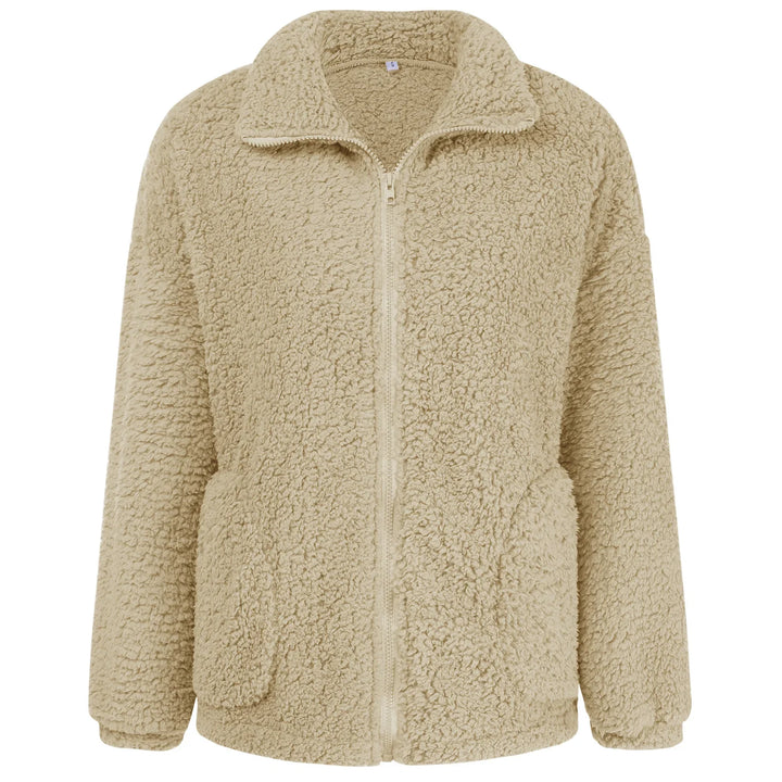 Beige zip-up fleece jacket with front pockets and high collar, cozy sherpa texture