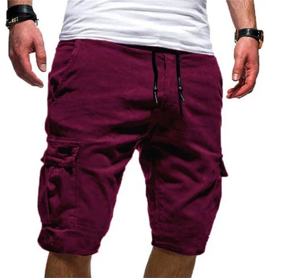 Men's casual burgundy cargo shorts with drawstring waist and side pockets