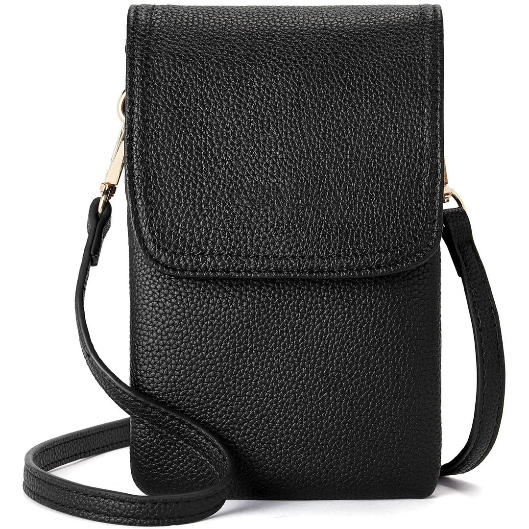 Black textured leather crossbody bag with flap closure and adjustable strap