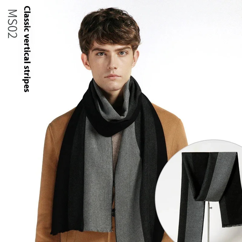 Man wearing classic vertical stripes scarf in black and gray over camel coat, fashion accessory