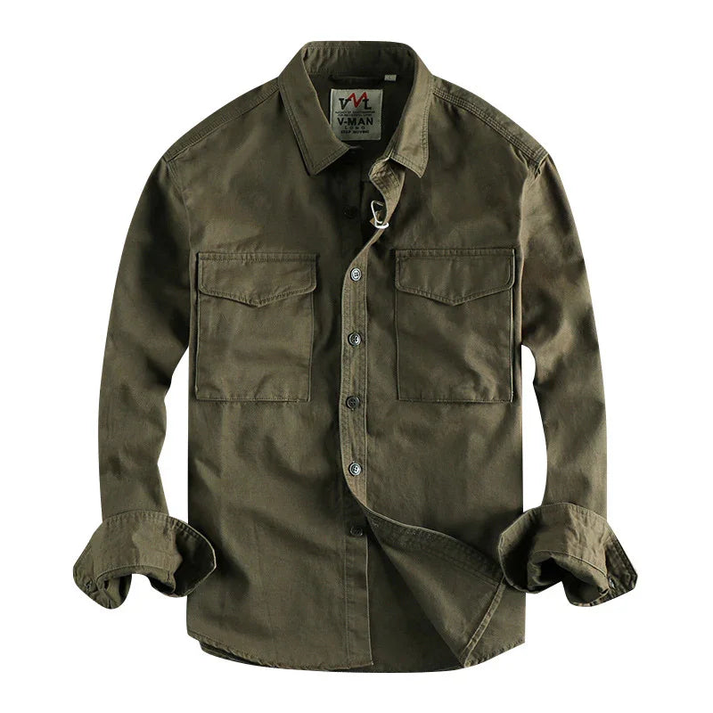 Men's olive green button-up shirt with two chest pockets and rolled cuffs on white background