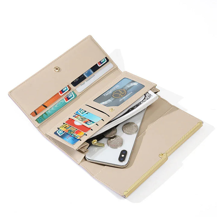 Beige leather wallet with multiple card slots, coins, cash, and a smartphone inside