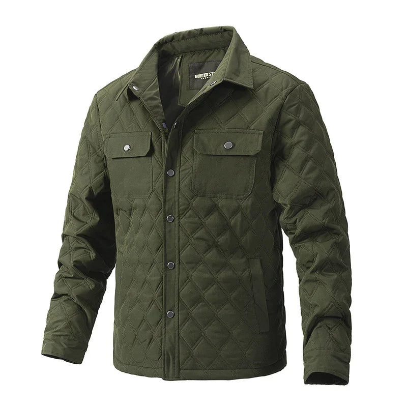 Olive green quilted jacket with button front, chest pockets, and long sleeves