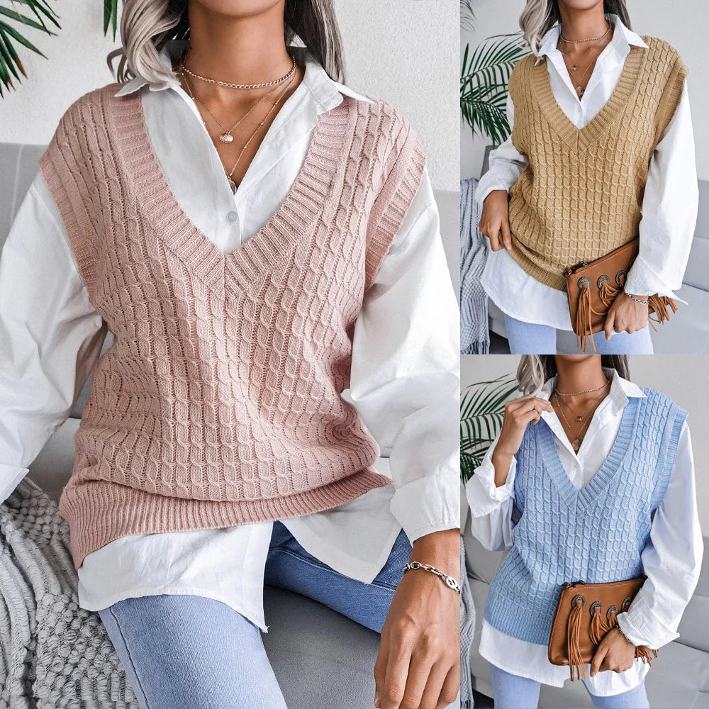 Women wearing knit cable pattern sleeveless V-neck sweaters in pink, beige, and blue over white shirts, styled casually