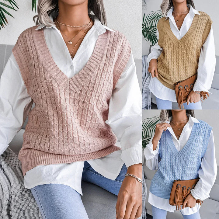 Women wearing knit cable pattern sleeveless V-neck sweaters in pink, beige, and blue over white shirts, styled casually