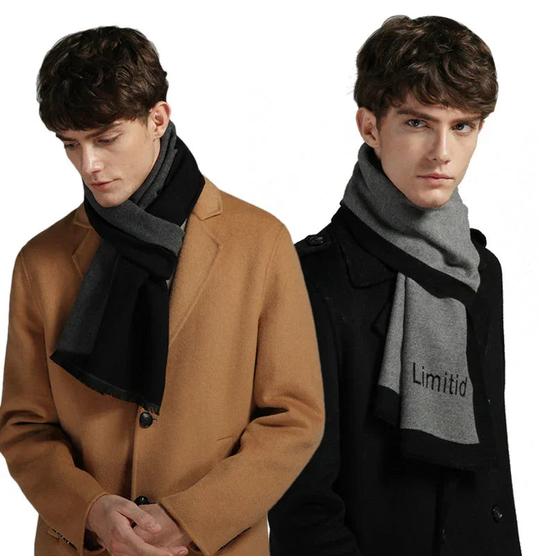 Two men wearing black and gray scarves paired with camel and black coats on white background