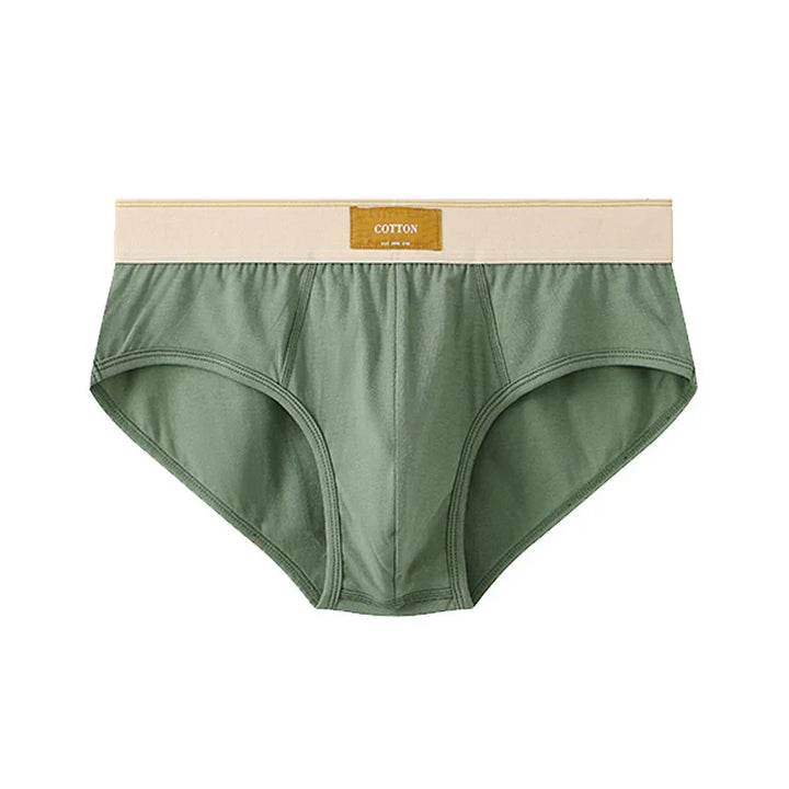 Green cotton men's briefs with beige waistband and label on white background
