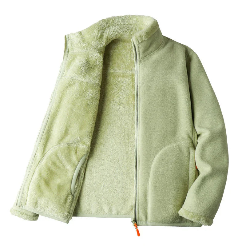light green fleece jacket with soft plush interior and front zipper on white background