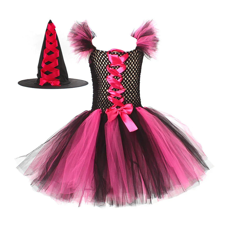 Black and pink witch costume dress with tulle skirt and matching pointed witch hat with pink ribbon