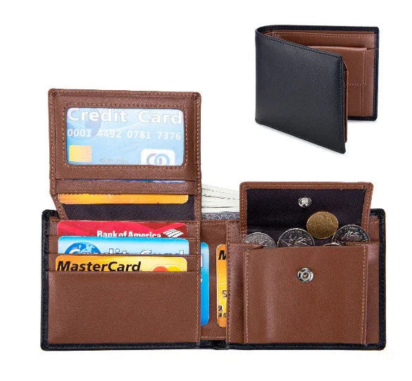 Black and brown leather bifold wallet open displaying credit cards, cash, and coins, with closed wallet inset