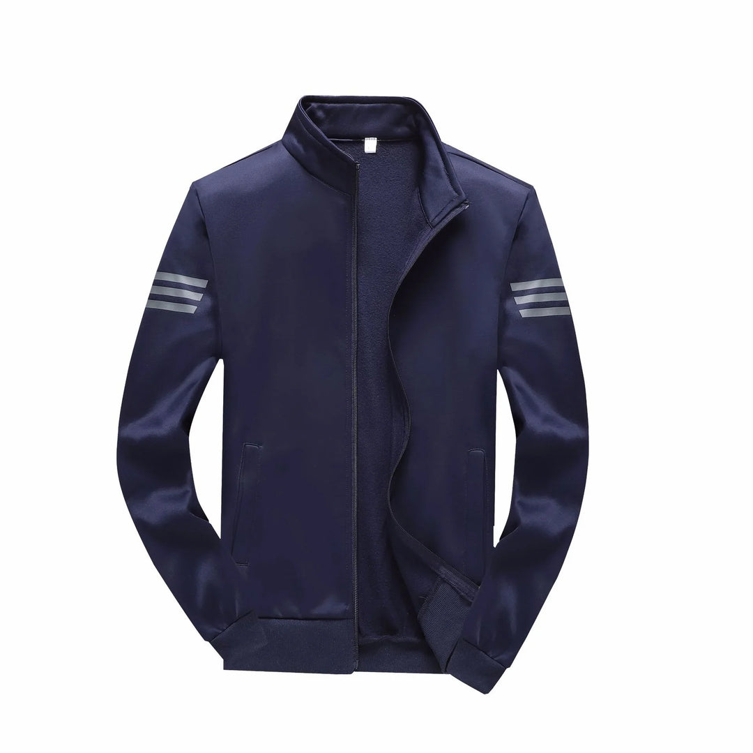 Navy blue zip-up jacket with stand collar and three gray stripes on sleeves