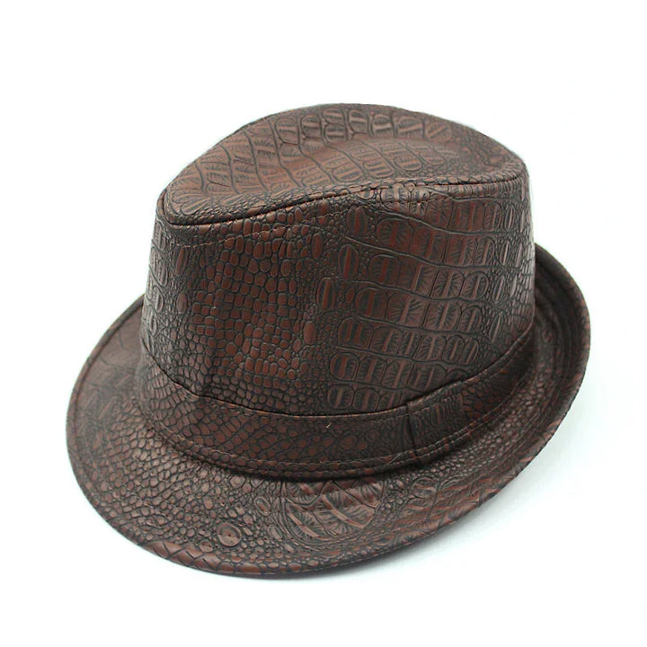 Brown faux crocodile leather fedora hat with textured alligator pattern on white background