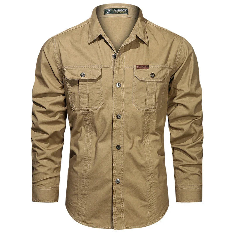 Men's khaki outdoor button-up shirt with long sleeves and two front buttoned chest pockets