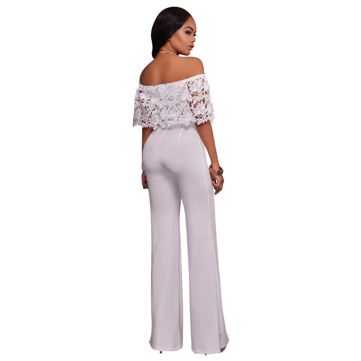 Woman wearing white off-shoulder lace crop top and high-waisted wide-leg pants fashion outfit
