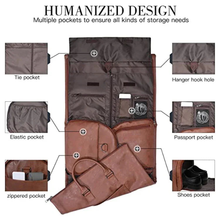 Brown travel garment bag with multiple labeled pockets for tie, elastic, zippered, hanger hook, passport, and shoes storage