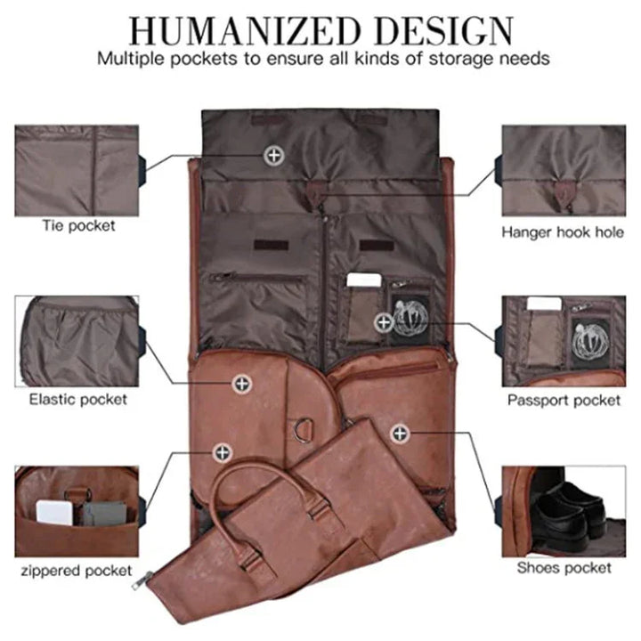Brown travel garment bag with multiple labeled pockets for tie, elastic, zippered, hanger hook, passport, and shoes storage