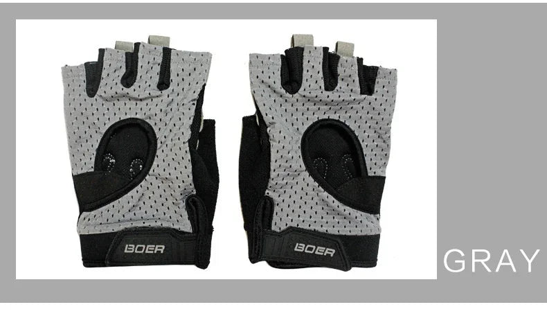 Gray BOER fingerless cycling gloves with black padded palms on a gray background
