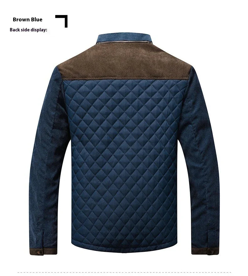 Back view of brown and blue quilted men's jacket with suede shoulder yoke and long sleeves