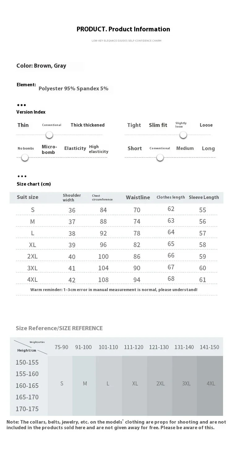 Men's clothing size chart and fabric details with chest, waist, and sleeve length measurements