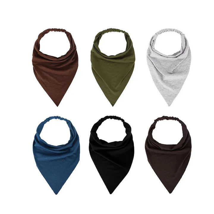 Set of six cotton bandana headbands in brown, olive green, light gray, blue, black, and dark brown colors