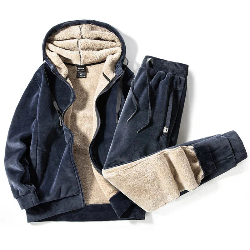 Navy blue fleece-lined hoodie and matching jogger pants with beige inner lining, cozy winter outfit