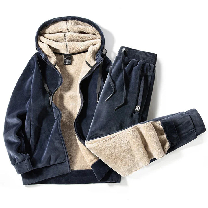 Navy blue fleece-lined hoodie and matching jogger pants with beige inner lining, cozy winter outfit