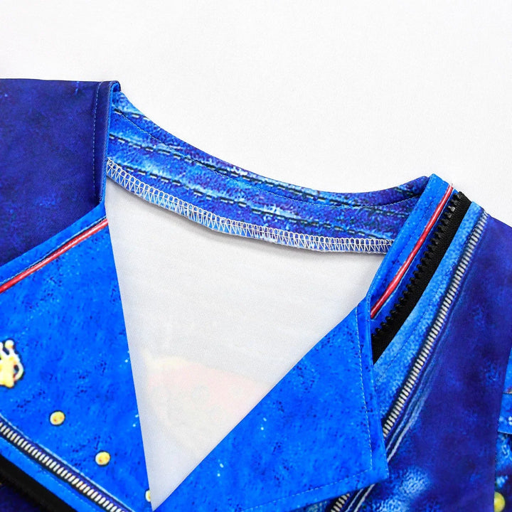 Close-up of blue denim print fabric with zipper design and stitching detail on white background