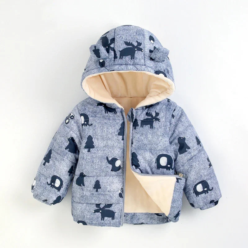 Children's grey padded winter jacket with hood featuring cute navy animal prints and beige lining