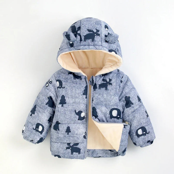 Children's grey padded winter jacket with hood featuring cute navy animal prints and beige lining